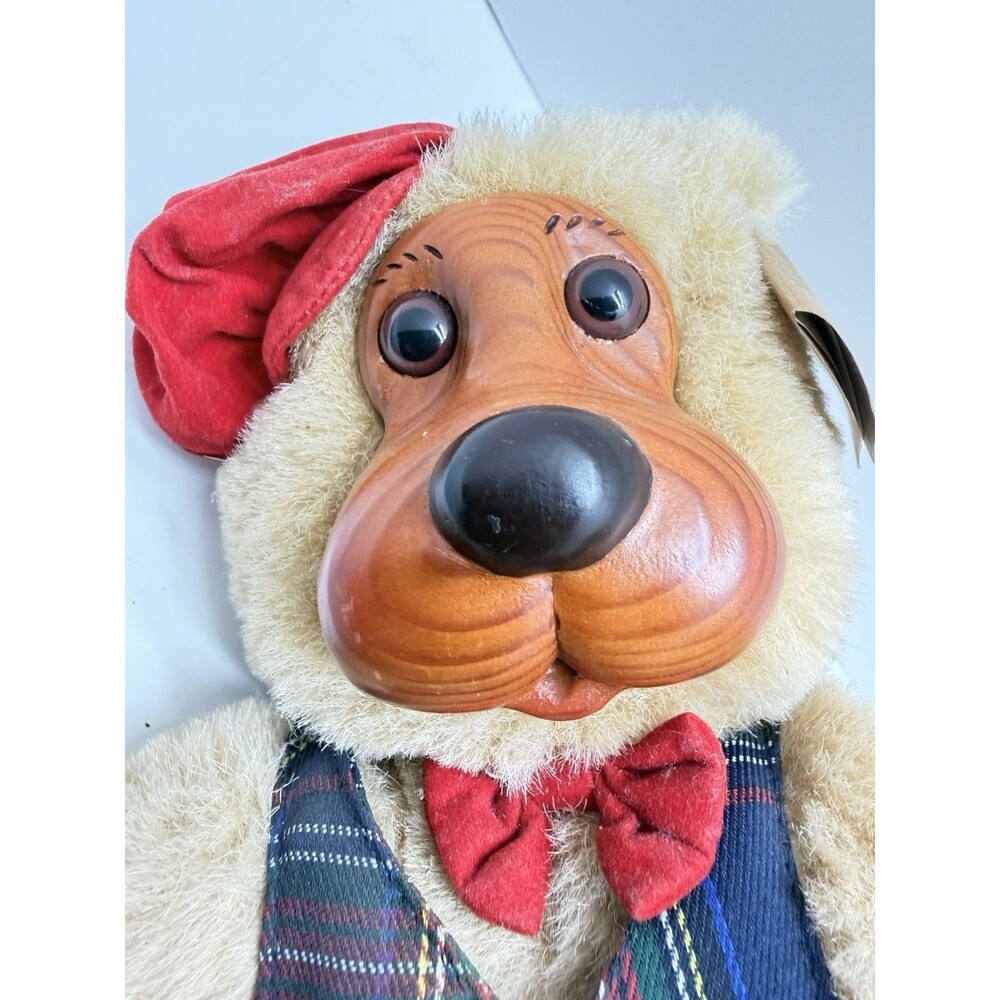 Robert Raikes Beige Plush Teddy Bear Wooden Face & Feet Jointed Plaid Vest w Tag